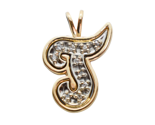 Vintage 14k Two-Tone Gold Diamond Letter T Pendant