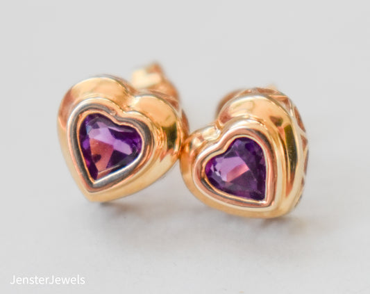 Vintage 14k Yellow Gold Amethyst Heart Stud Earrings