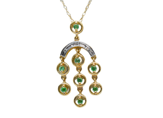 Vintage 14k Yellow Gold Emerald and Diamond Pendant on Dainty Chain 18"