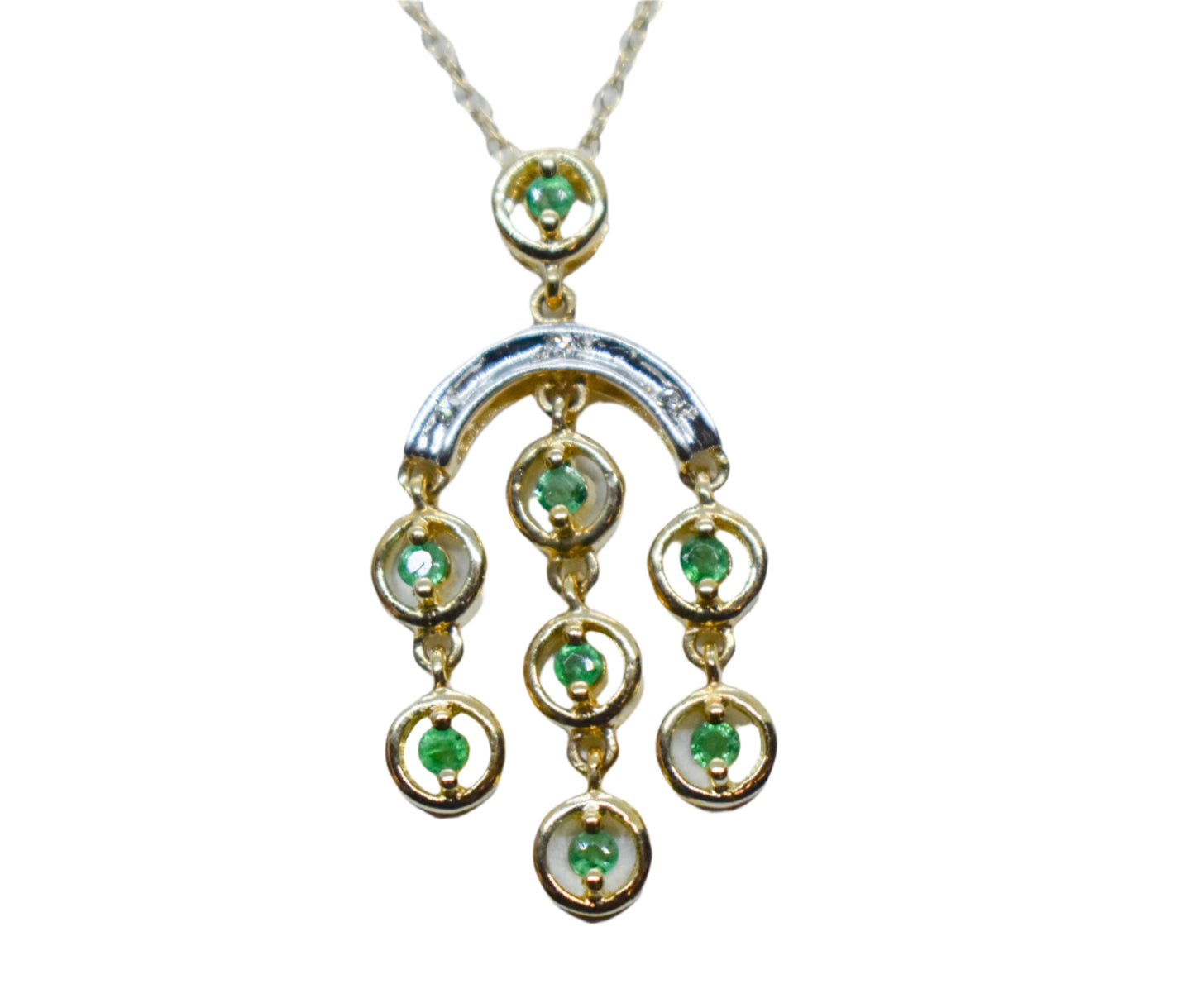 Vintage 14k Yellow Gold Emerald and Diamond Pendant on Dainty Chain 18"