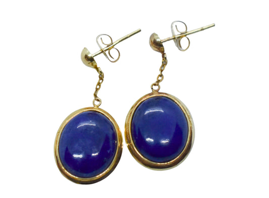 Vintage 14k Yellow Gold Blue Lapis Oval Dangle Earrings