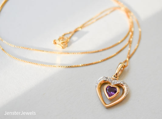 Vintage 14k Yellow Gold Amethyst and Diamond Heart Necklace 18"