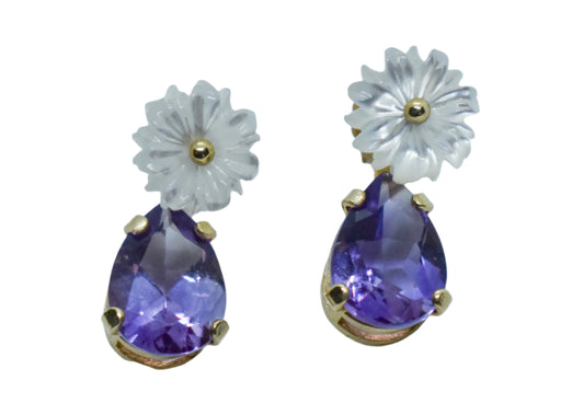 Vintage 14k Yellow Gold Amethyst and Pearl Flower Dangle Earrings