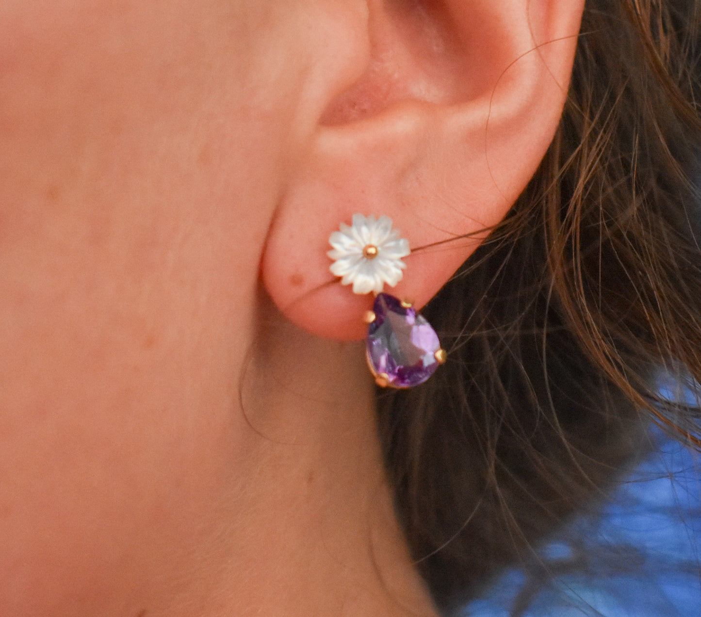 Vintage 14k Yellow Gold Amethyst and Pearl Flower Dangle Earrings