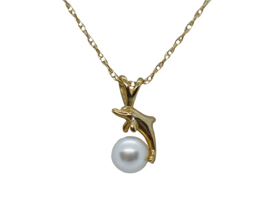 Vintage 14k Yellow Gold Wyland Dolphin Pendant on 18" Dainty Chain