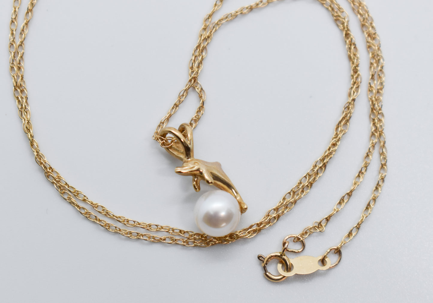Vintage 14k Yellow Gold Wyland Dolphin Pendant on 18" Dainty Chain