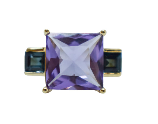 Vintage 14k Yellow Gold Amethyst and Tourmaline Ring Size 7 1/2