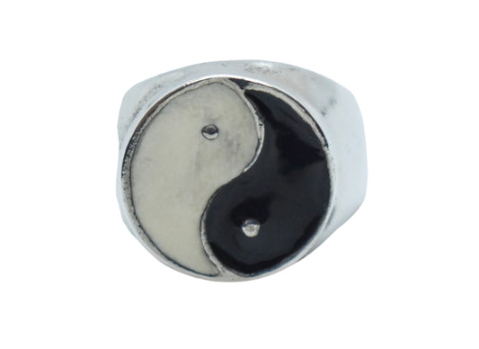 Vintage Sterling Silver Enamel Yin and Yang Ring Size 10