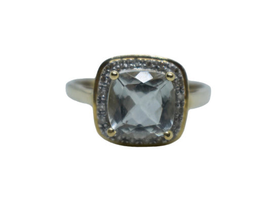 Vintage 14k Yellow Gold Aquamarine and Diamond Halo Ring Size 7 1/4