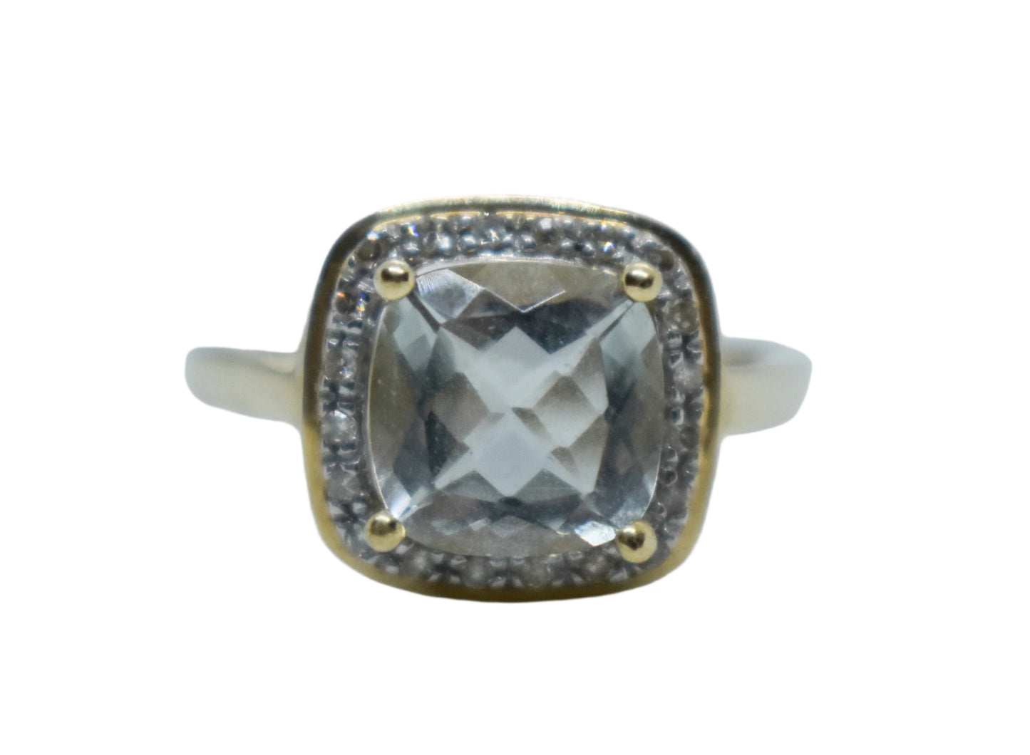 Vintage 14k Yellow Gold Aquamarine and Diamond Halo Ring Size 7 1/4