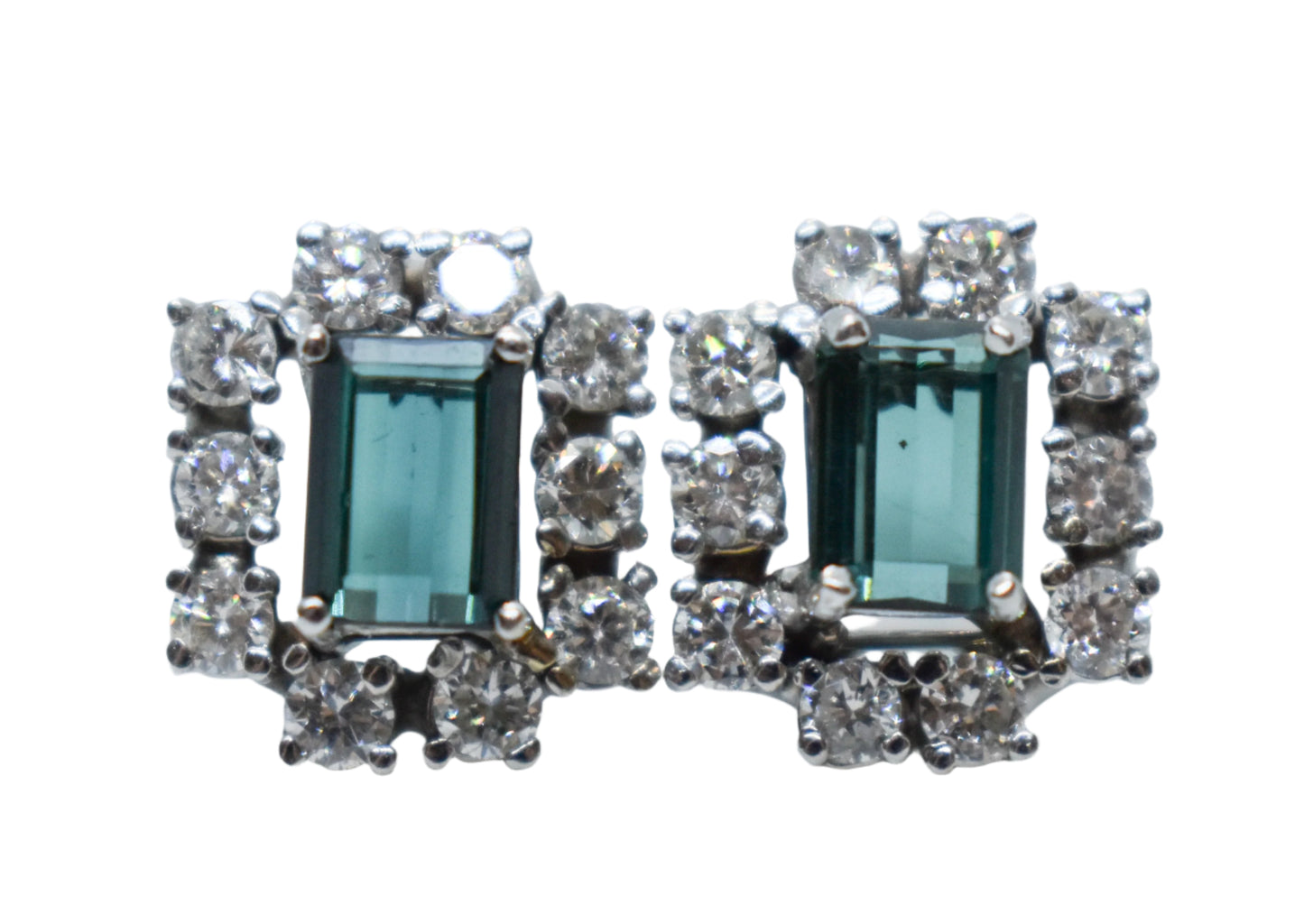 Vintage 14K White Gold Tourmaline and Diamond Cluster Screw Back Earrings