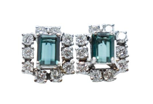 Vintage 14K White Gold Tourmaline and Diamond Cluster Screw Back Earrings