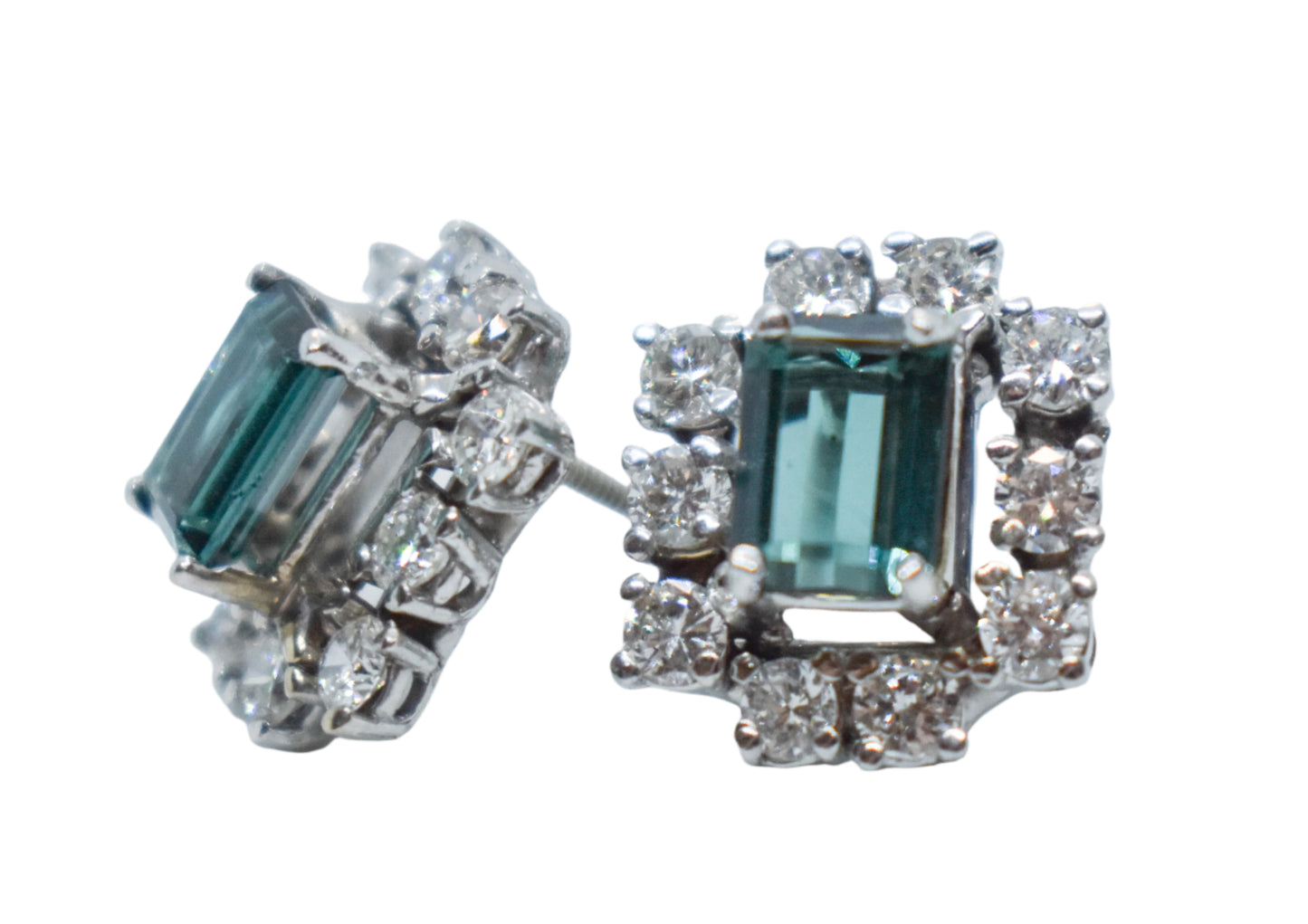 Vintage 14K White Gold Tourmaline and Diamond Cluster Screw Back Earrings
