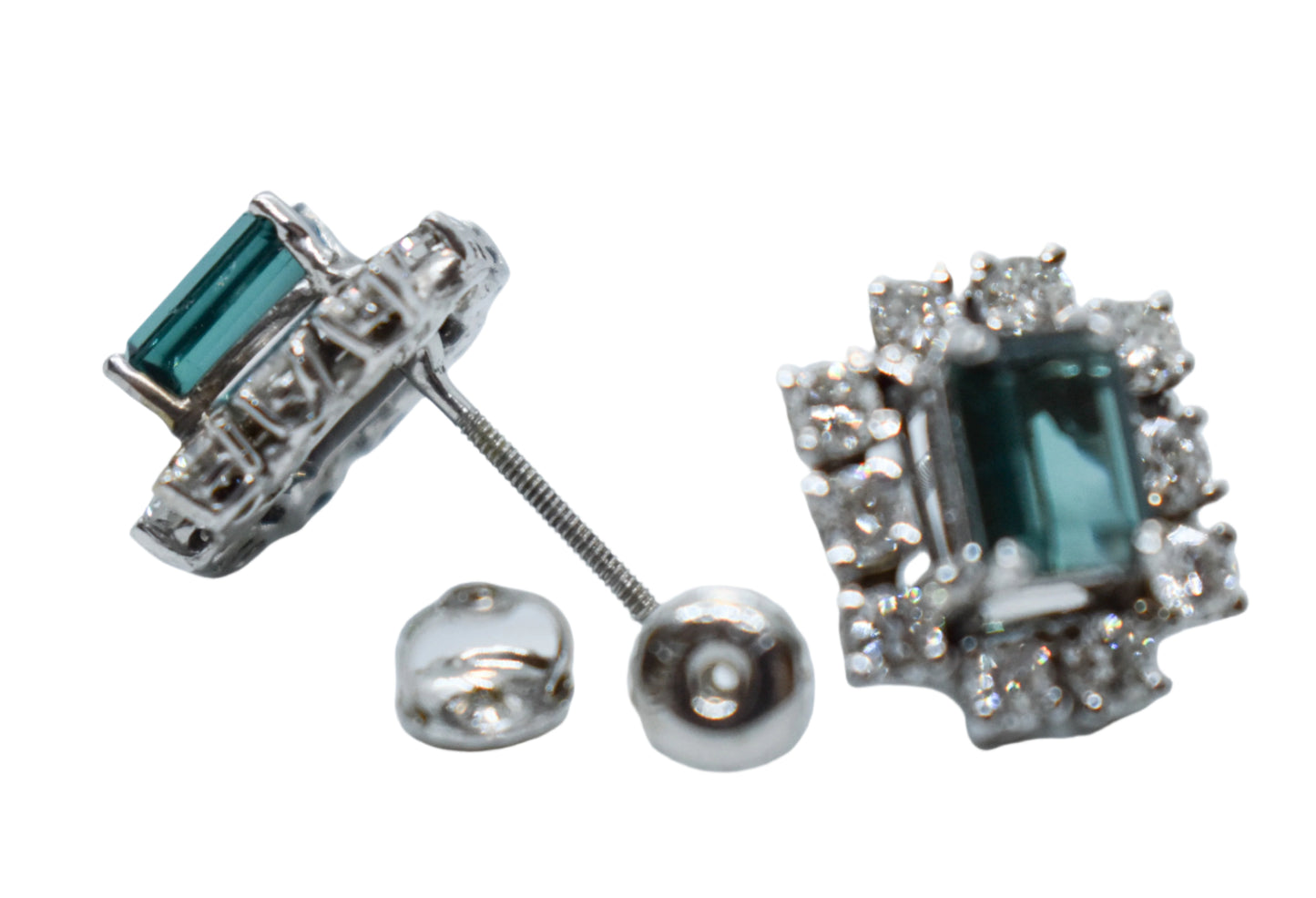 Vintage 14K White Gold Tourmaline and Diamond Cluster Screw Back Earrings