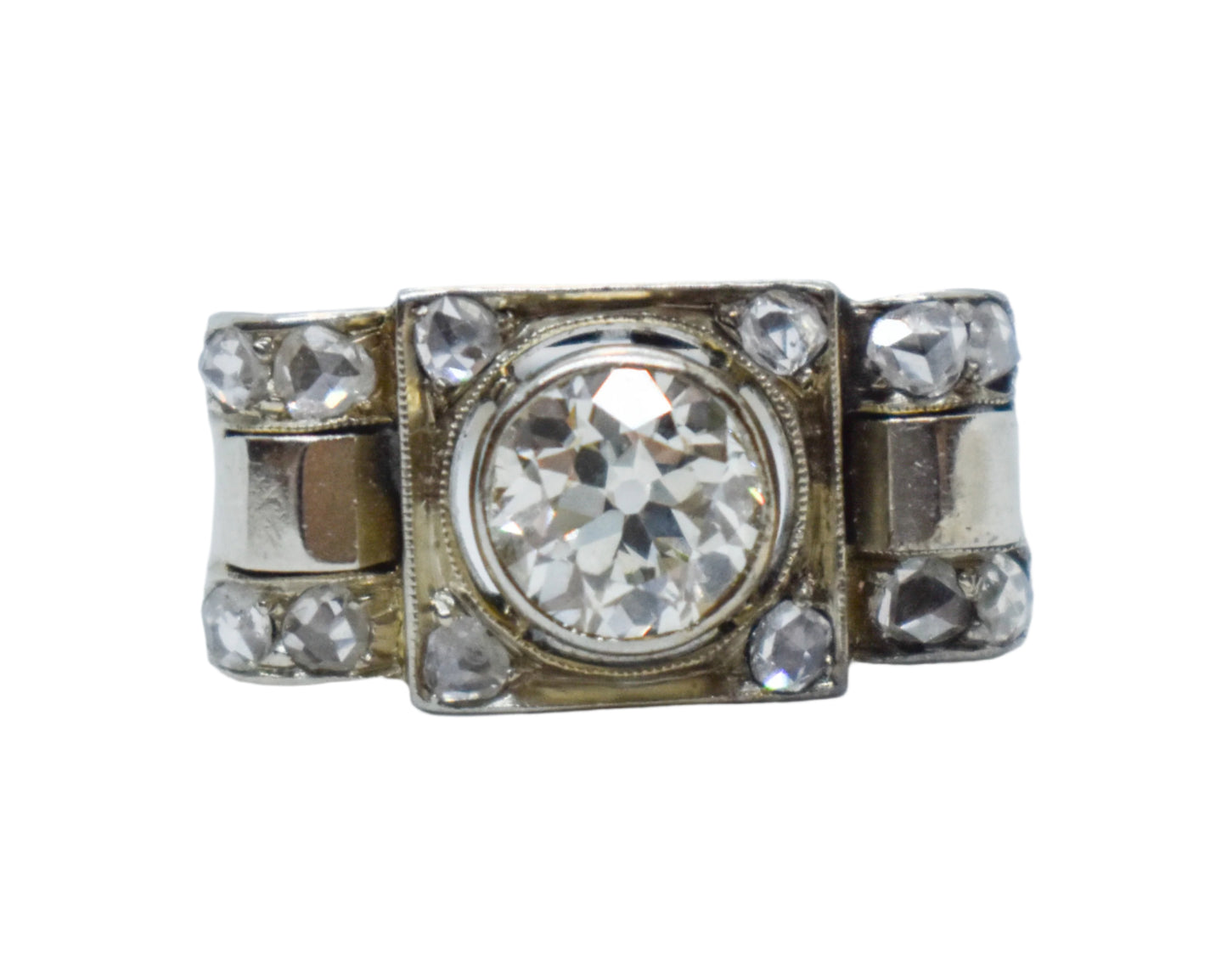 Antique 14K White Gold European Mine Cut Diamond Ring Size 8