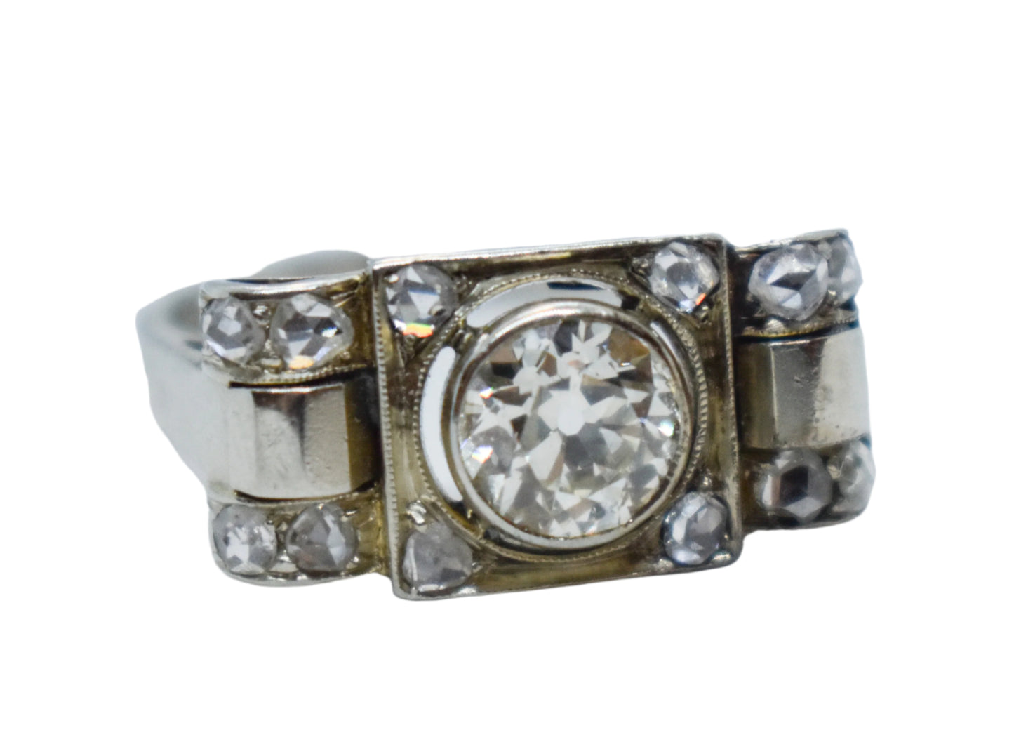 Antique 14K White Gold European Mine Cut Diamond Ring Size 8