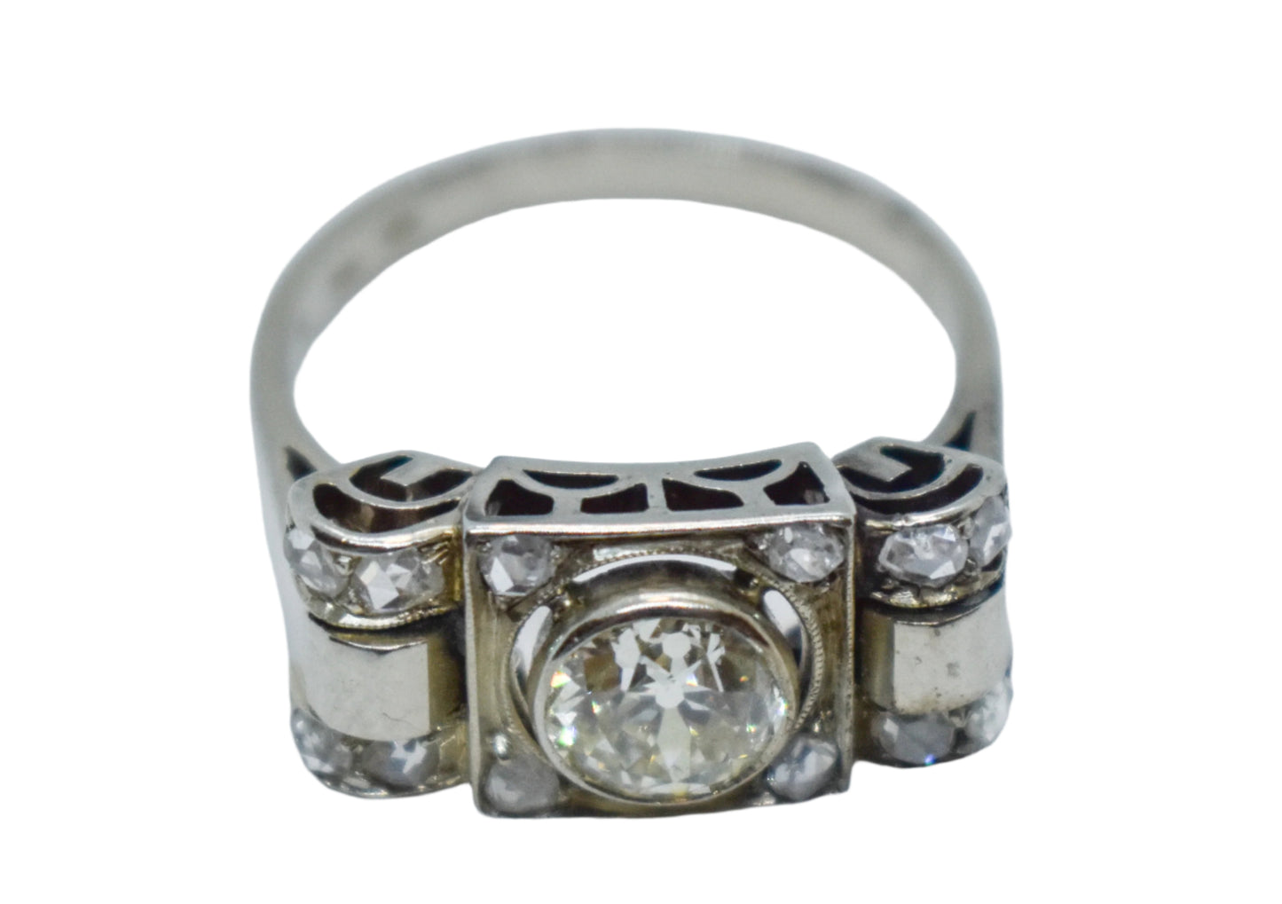 Antique 14K White Gold European Mine Cut Diamond Ring Size 8