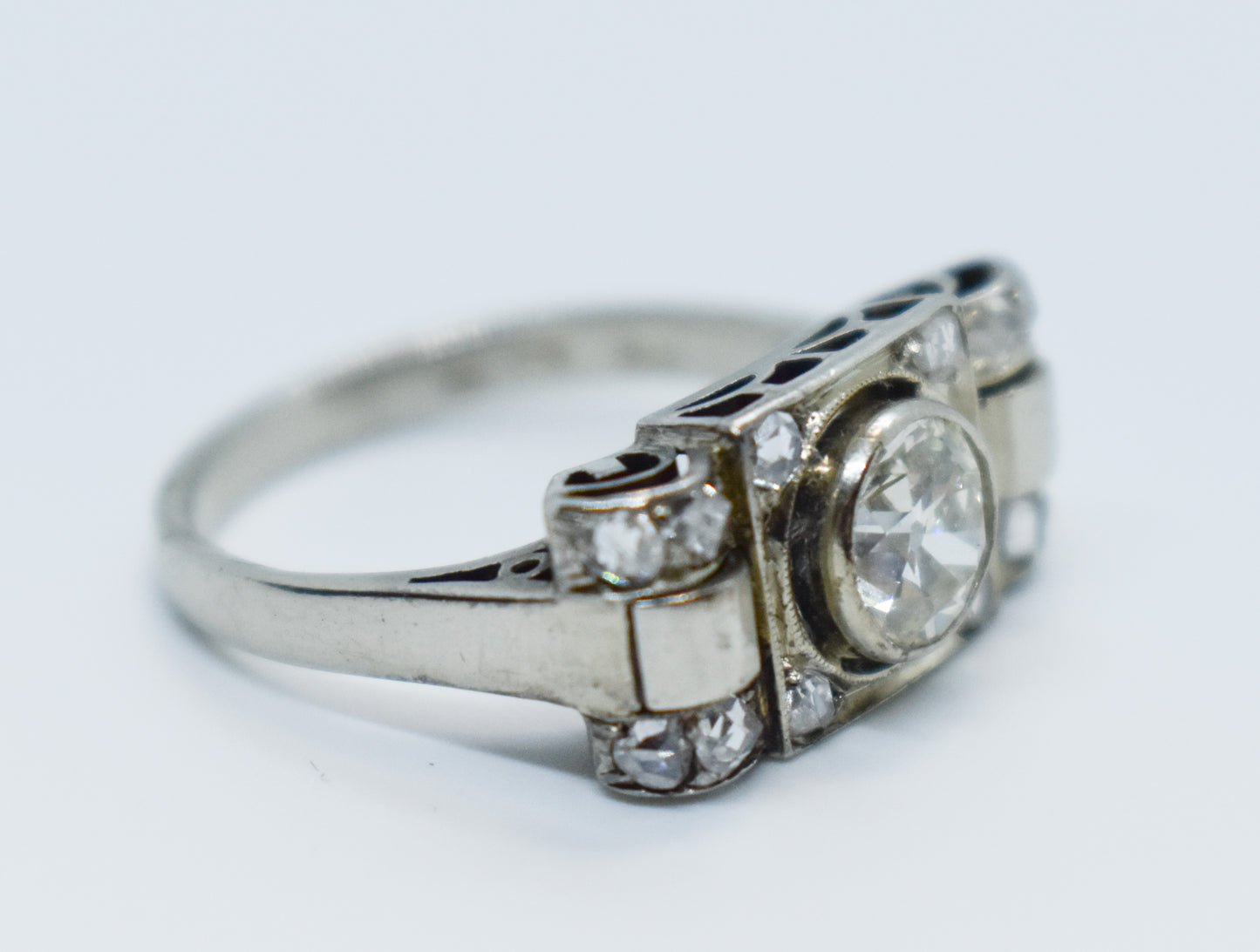 Antique 14K White Gold European Mine Cut Diamond Ring Size 8