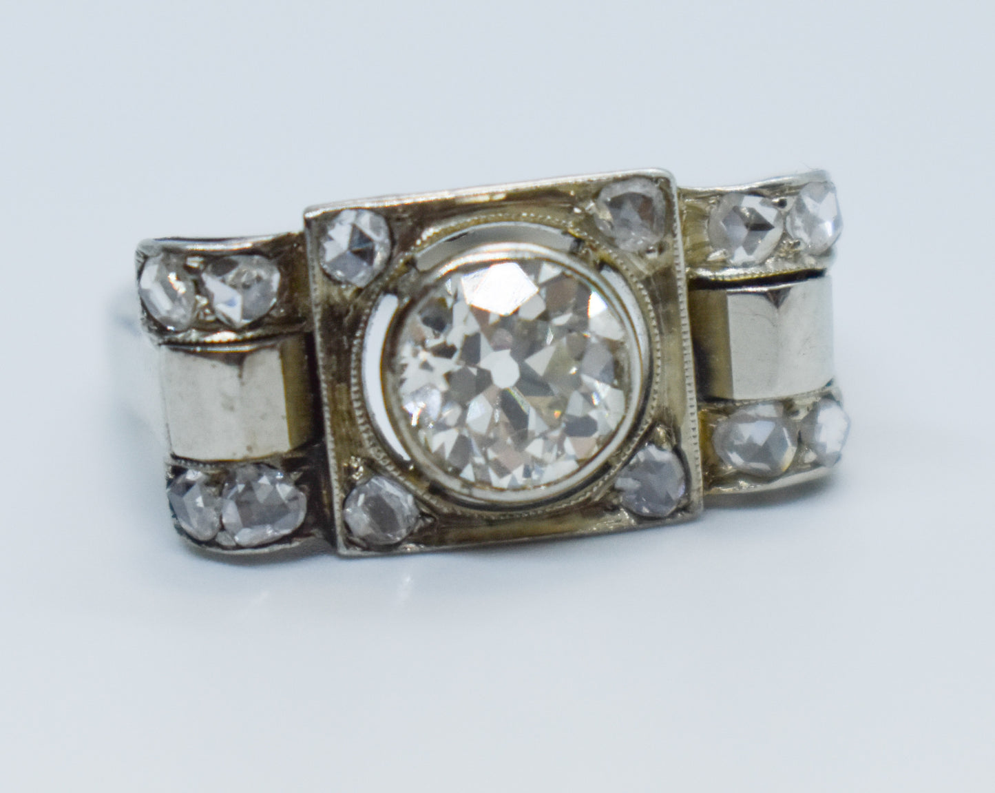Antique 14K White Gold European Mine Cut Diamond Ring Size 8