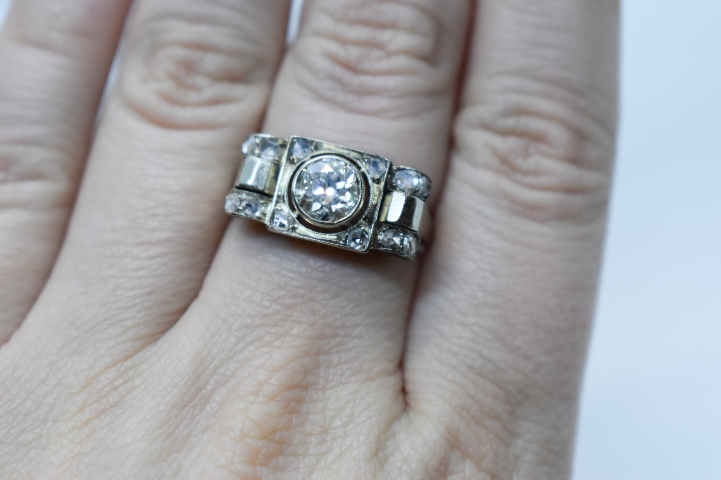 Antique 14K White Gold European Mine Cut Diamond Ring Size 8