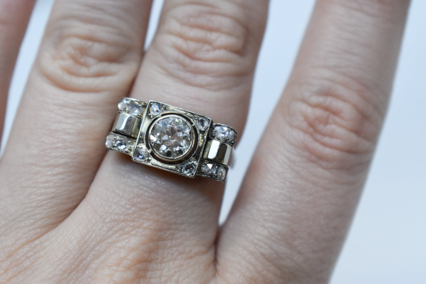Antique 14K White Gold European Mine Cut Diamond Ring Size 8