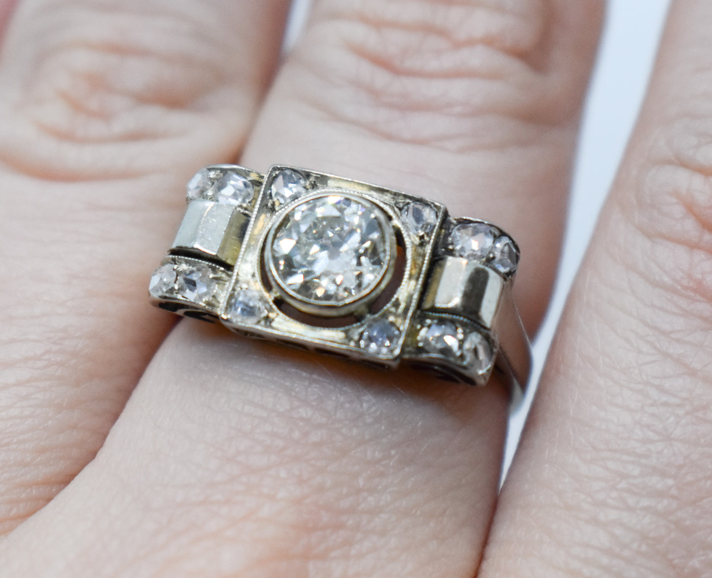 Antique 14K White Gold European Mine Cut Diamond Ring Size 8