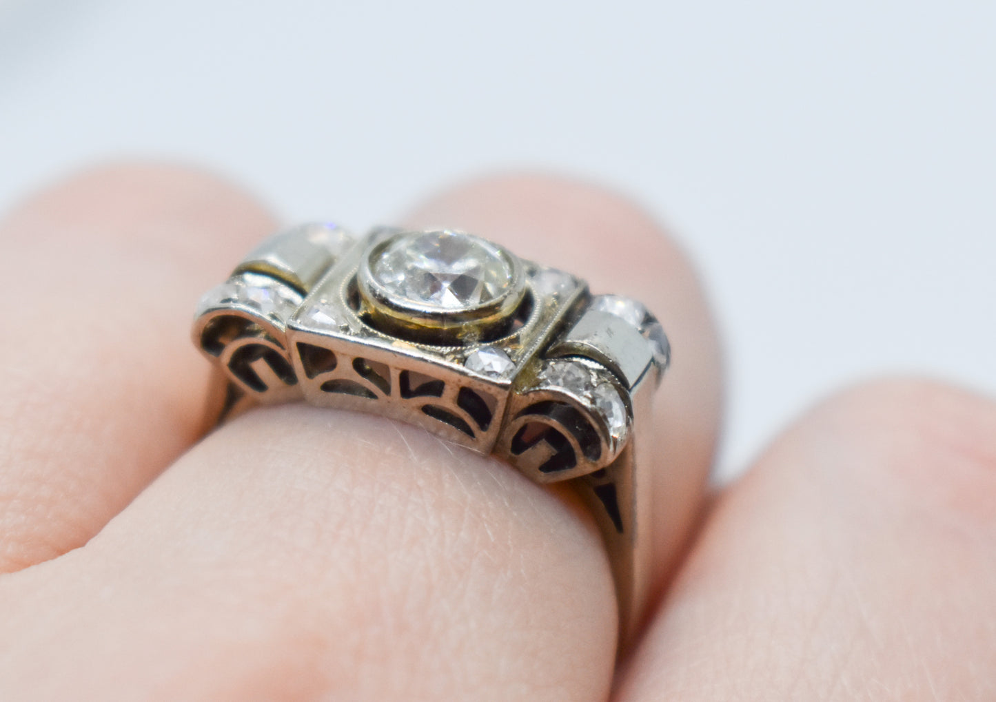 Antique 14K White Gold European Mine Cut Diamond Ring Size 8