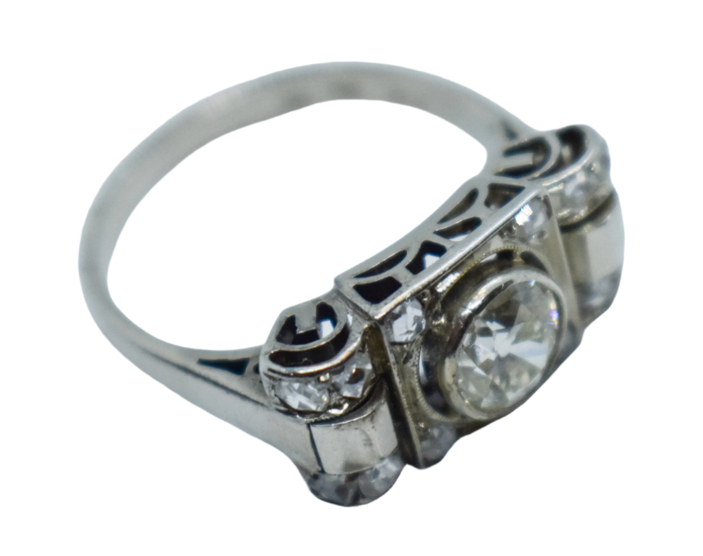 Antique 14K White Gold European Mine Cut Diamond Ring Size 8