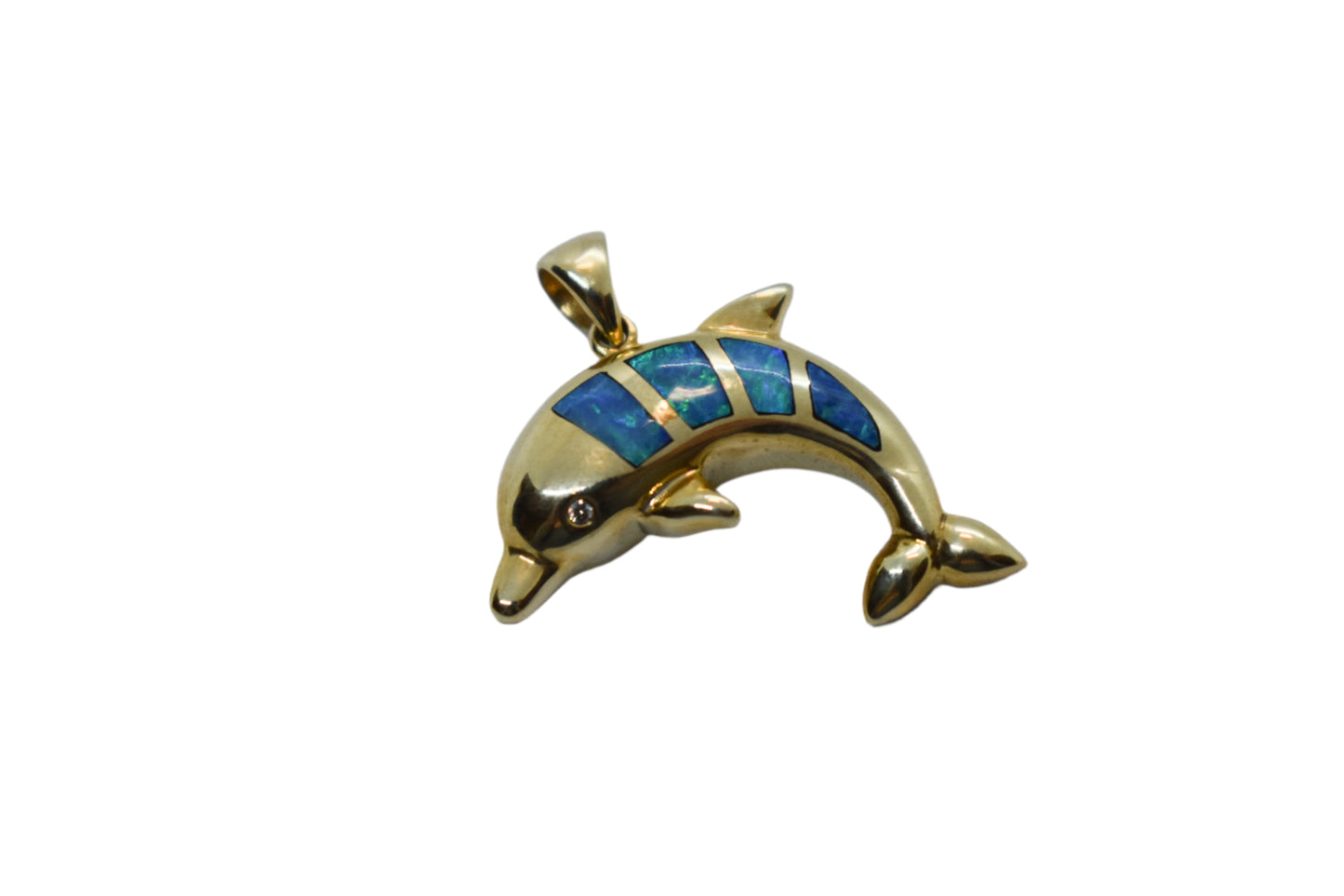 Vintage 14k Yellow Gold Opal and Diamond Dolphin Pendant