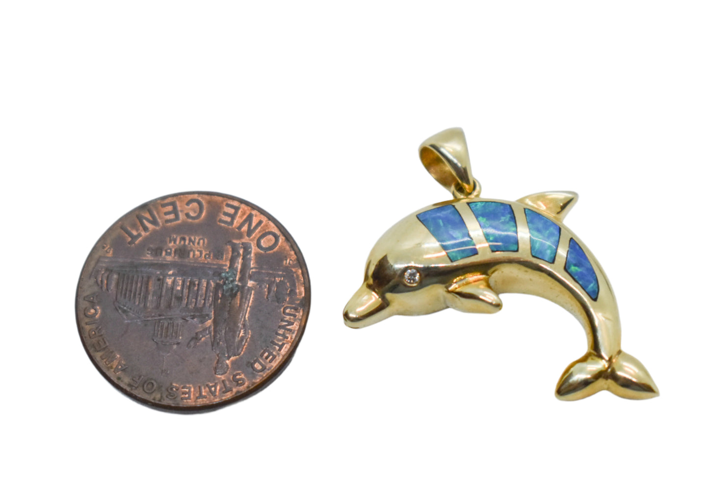 Vintage 14k Yellow Gold Opal and Diamond Dolphin Pendant
