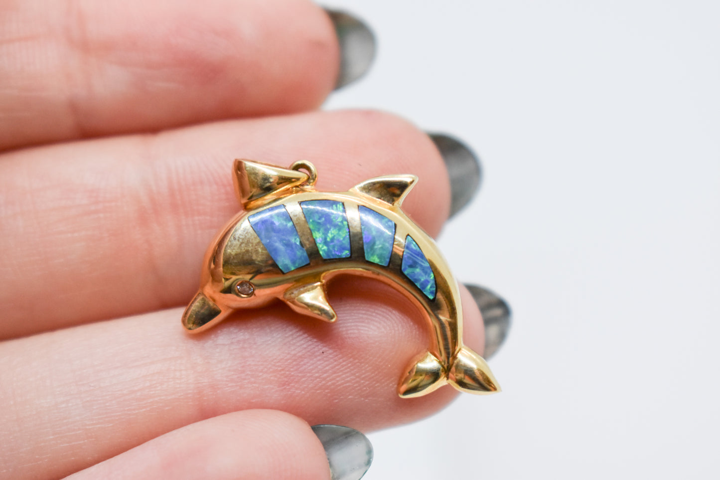Vintage 14k Yellow Gold Opal and Diamond Dolphin Pendant