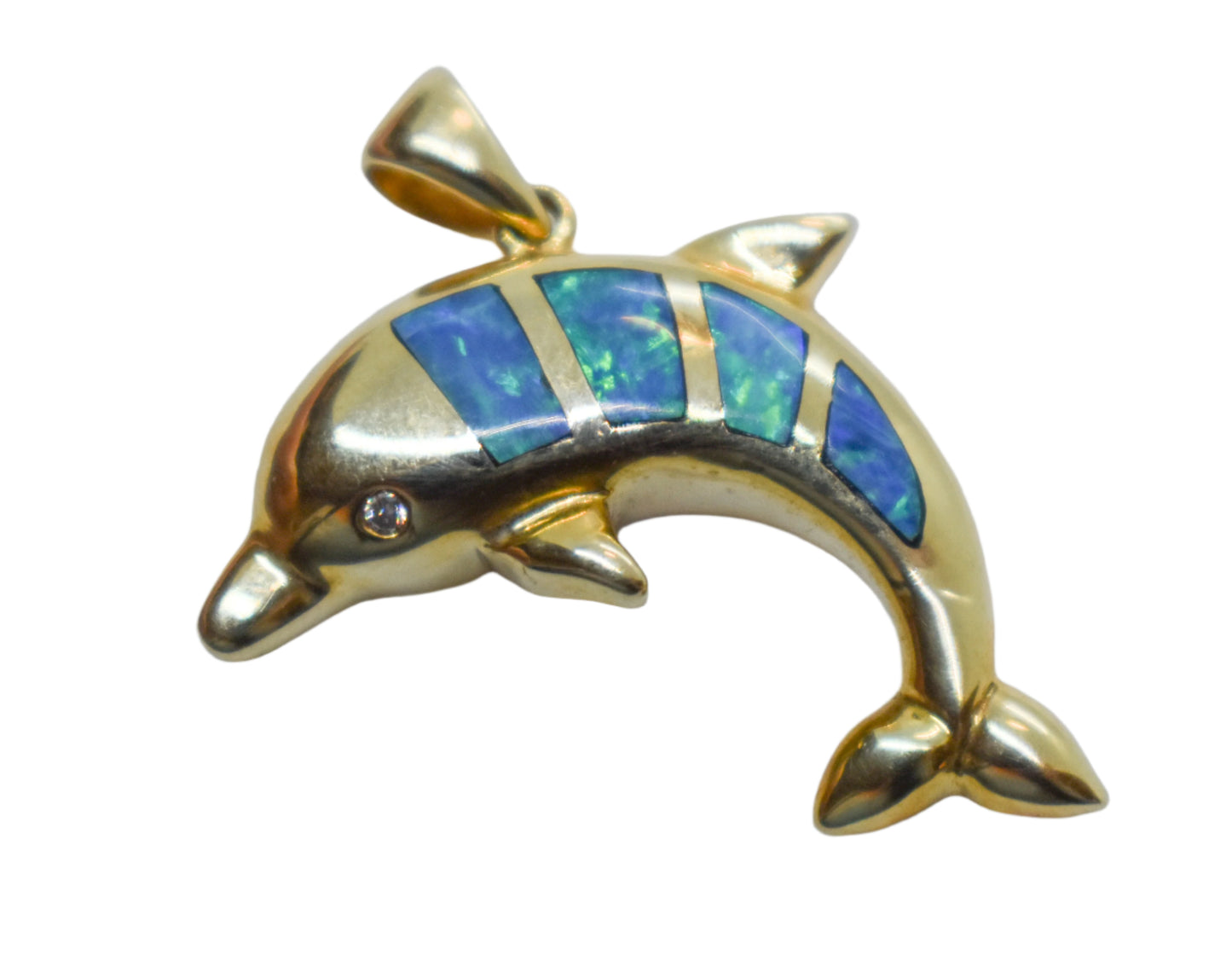 Vintage 14k Yellow Gold Opal and Diamond Dolphin Pendant