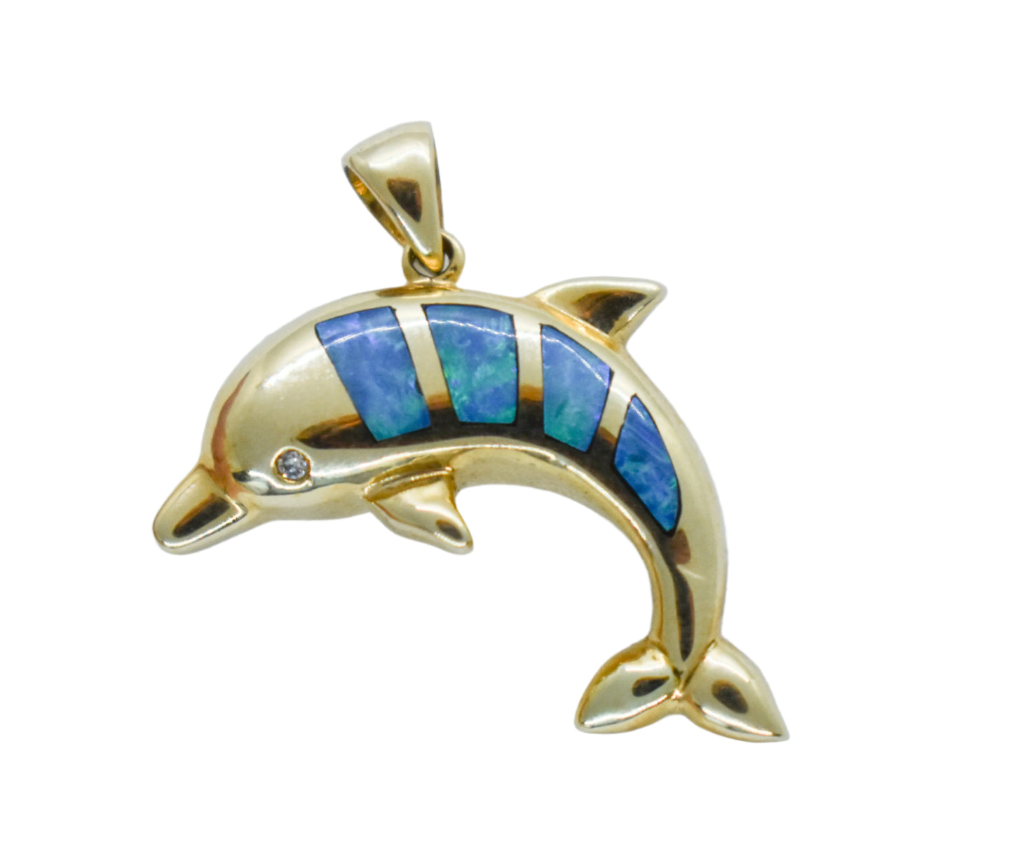 Vintage 14k Yellow Gold Opal and Diamond Dolphin Pendant