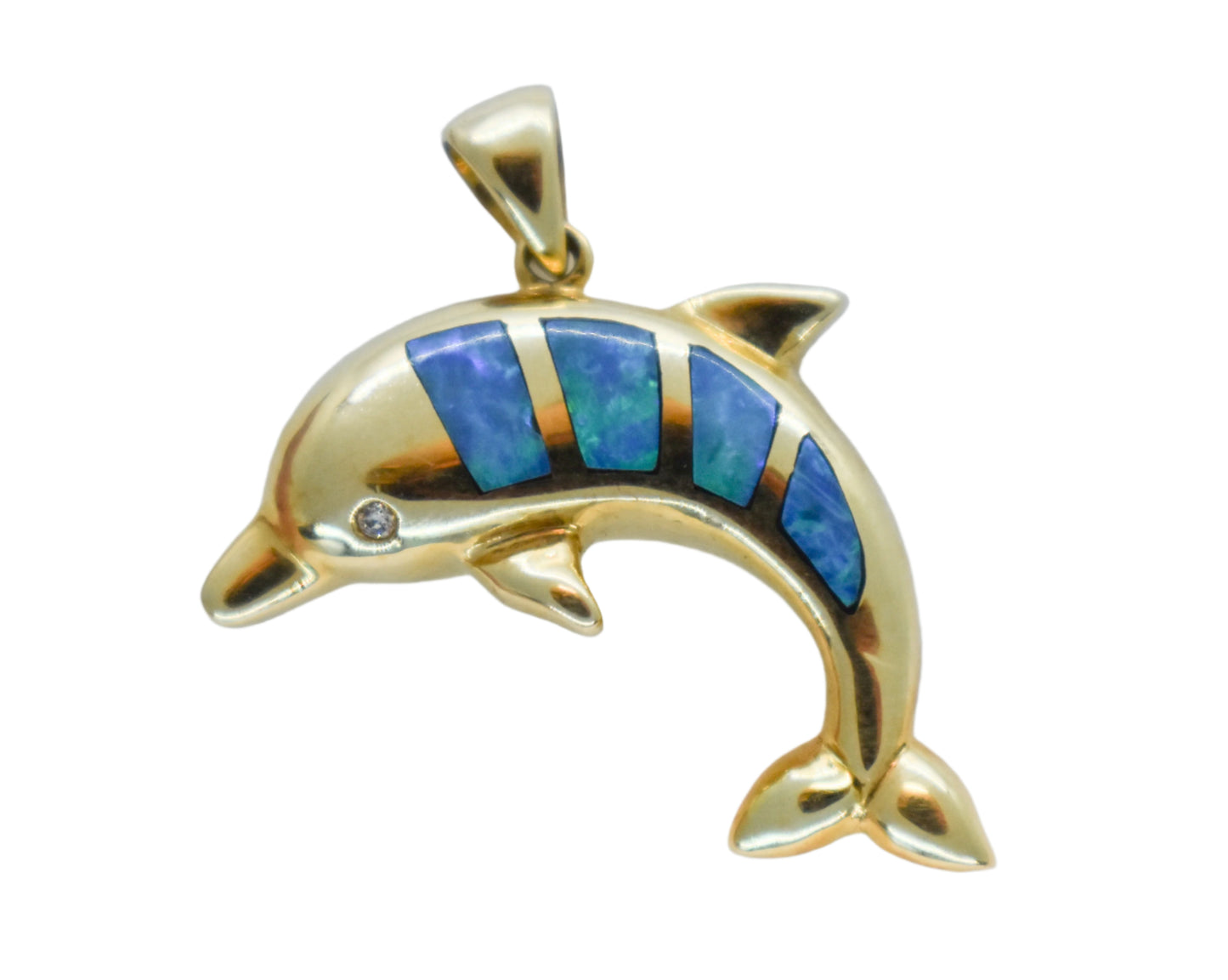 Vintage 14k Yellow Gold Opal and Diamond Dolphin Pendant