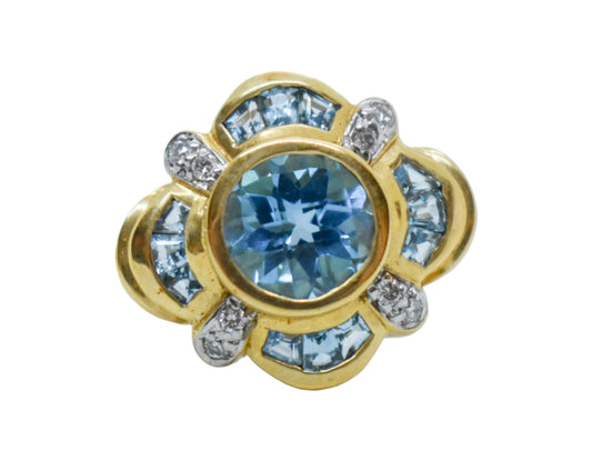 Vintage 14k Yellow Gold Blue Topaz and Diamond Size 7 1/2
