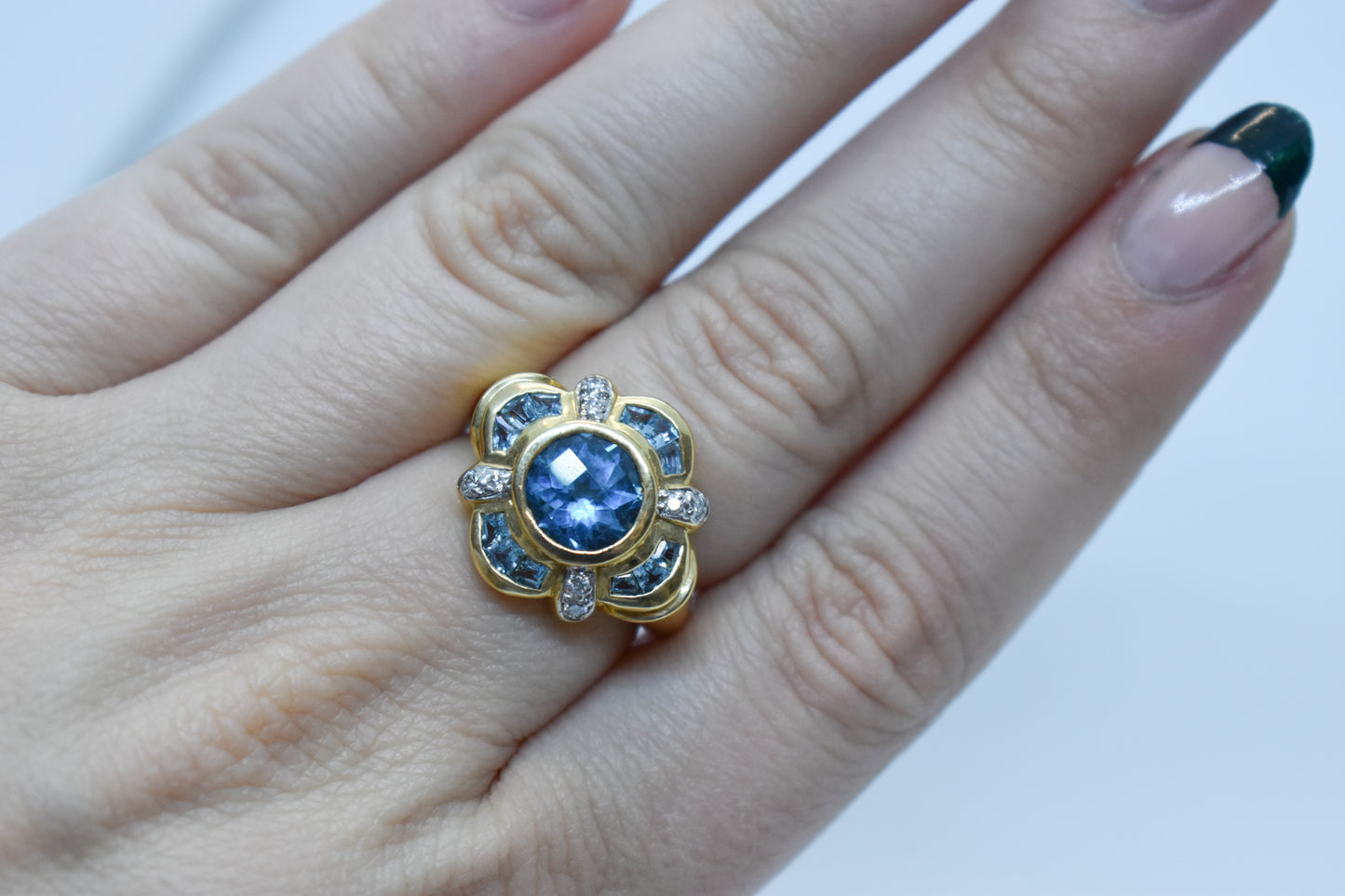 Vintage 14k Yellow Gold Blue Topaz and Diamond Size 7 1/2