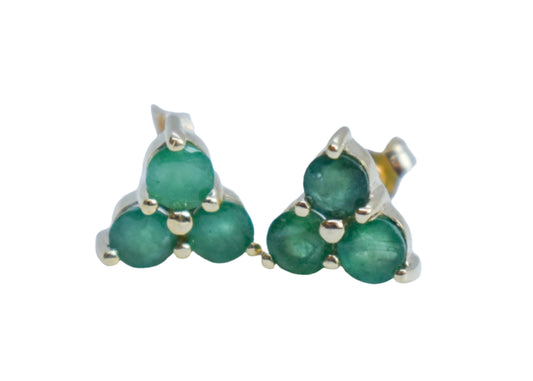 Vintage 14K Yellow Gold Triple Round Emerald Stud Earrings