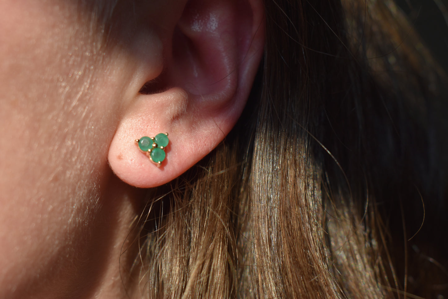 Vintage 14K Yellow Gold Triple Round Emerald Stud Earrings