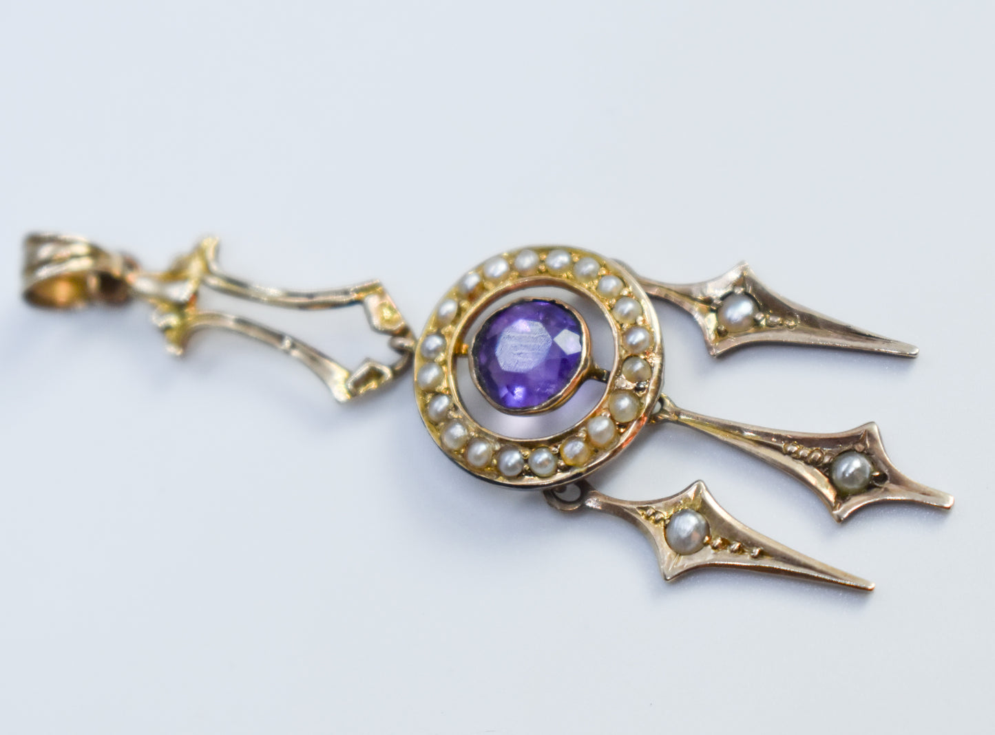 Vintage Antique 10k Yellow Gold Amethyst and Seed Pearl Drop Pendant