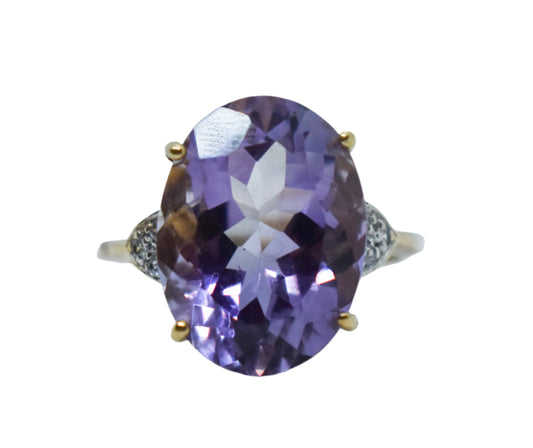 Vintage 14k Yellow Gold Large Amethyst and Diamond Ring Size 6 1/2