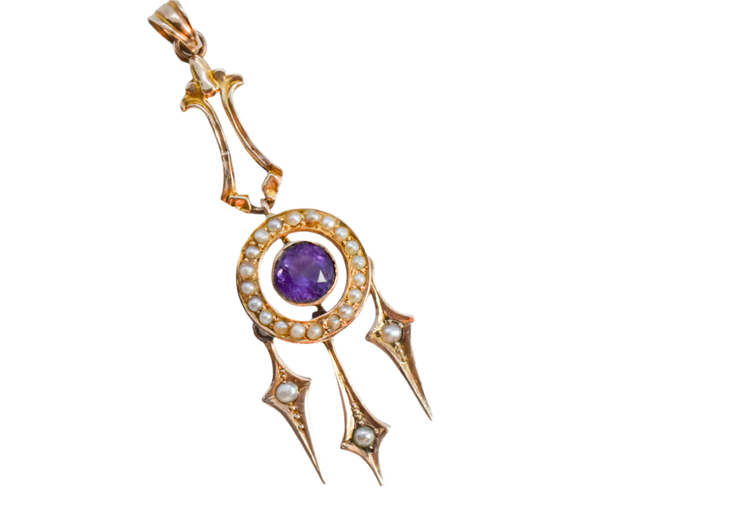 Vintage Antique 10k Yellow Gold Amethyst and Seed Pearl Drop Pendant