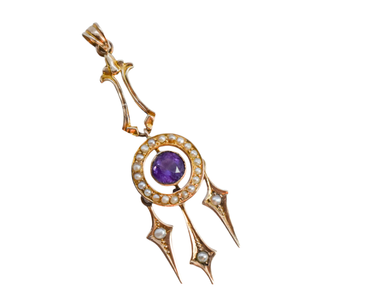 Vintage Antique 10k Yellow Gold Amethyst and Seed Pearl Drop Pendant