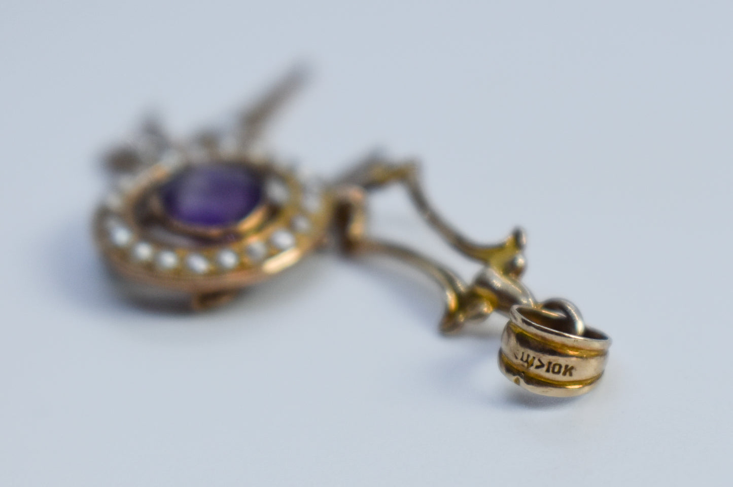 Vintage Antique 10k Yellow Gold Amethyst and Seed Pearl Drop Pendant