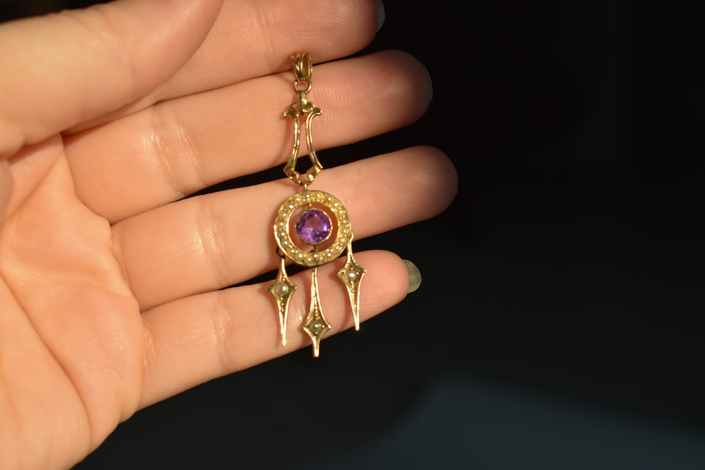 Vintage Antique 10k Yellow Gold Amethyst and Seed Pearl Drop Pendant