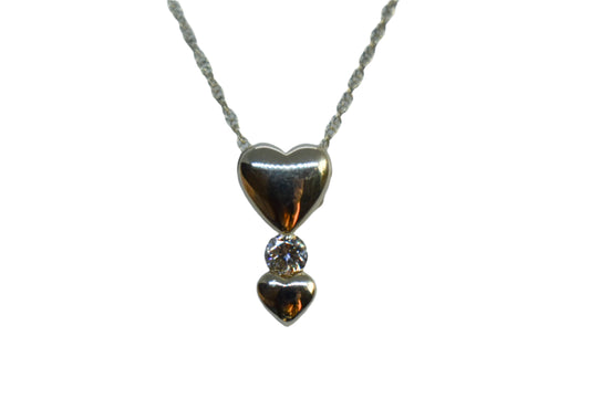 Vintage 14K Yellow Gold Diamond Double Heart Pendant Dainty Chain Necklace 18"