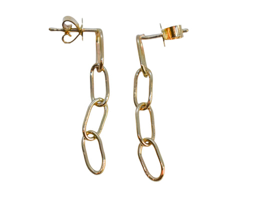 Handmade Solid 14K Yellow Gold Oval Link Paper Clip Link Chain Dangle Earrings
