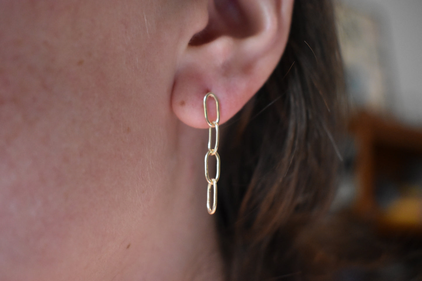 Handmade Solid 14K Yellow Gold Oval Link Paper Clip Link Chain Dangle Earrings