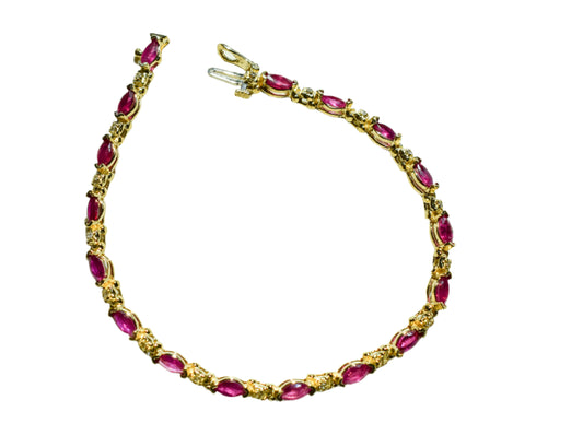 Vintage 14k Yellow Gold Marquise Ruby and Round Diamond Tennis Bracelet
