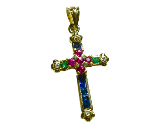 Vintage 18k Yellow Gold Ruby Sapphire Emerald and Diamond Cross Pendant