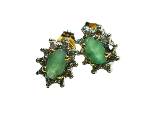 Vintage 14K Yellow Gold Emerald and Diamond Halo Earrings